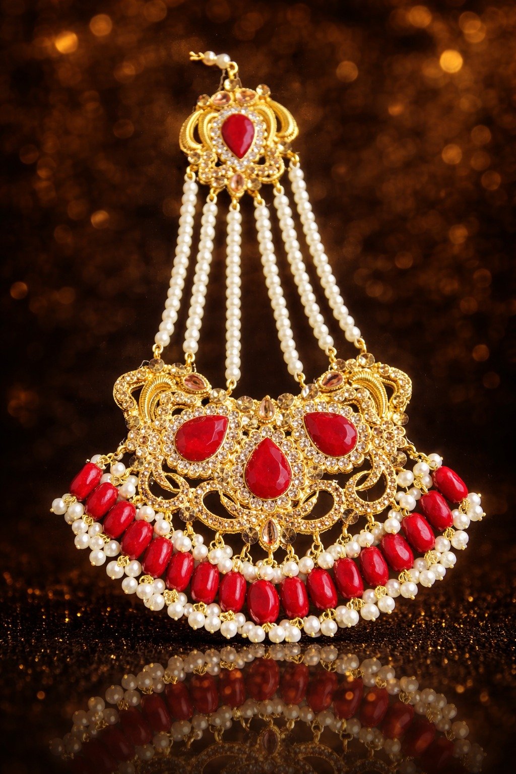 Kundan Gold Plated Red and Golden Bridal Set - Image 3