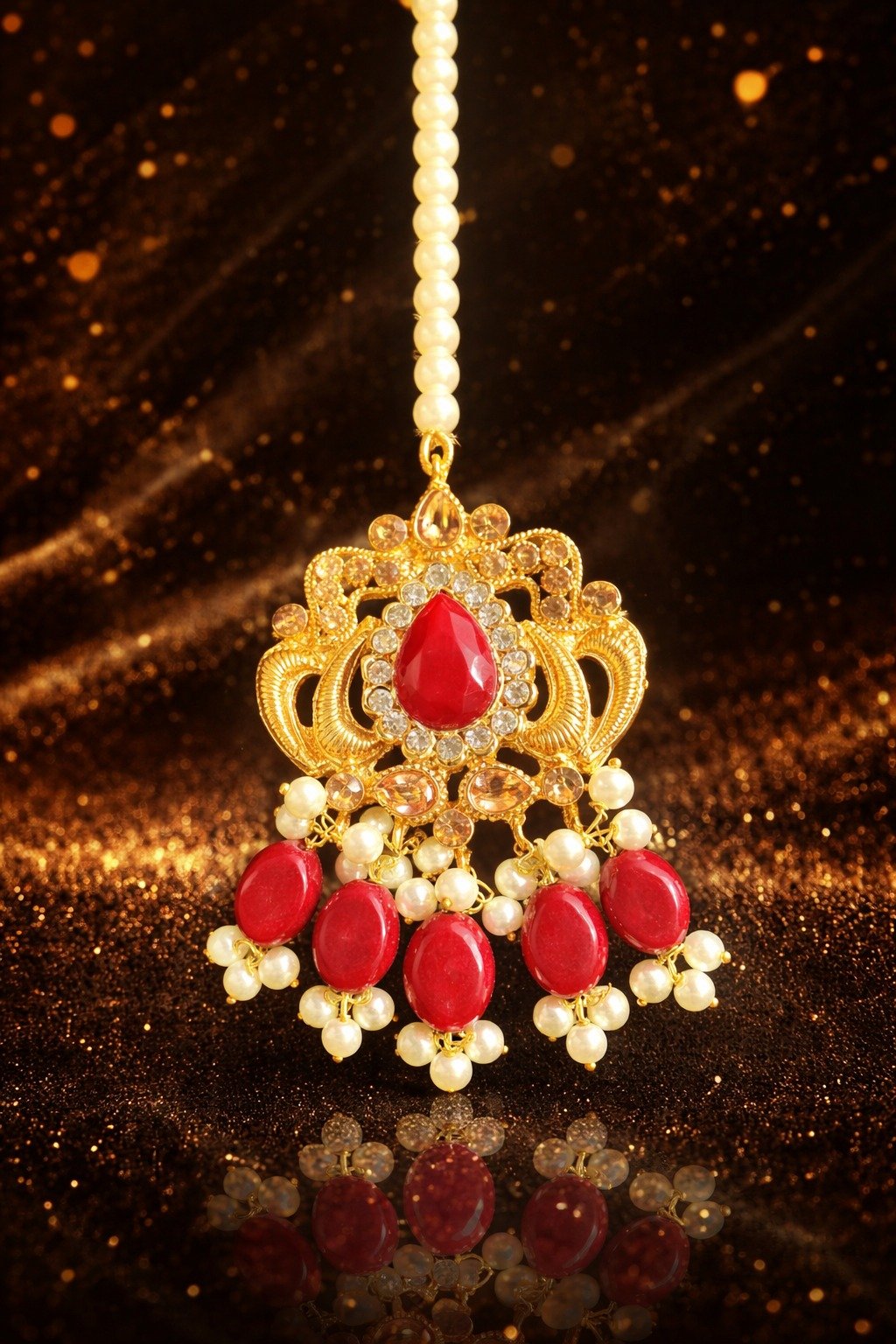 Kundan Gold Plated Red and Golden Bridal Set - Image 2