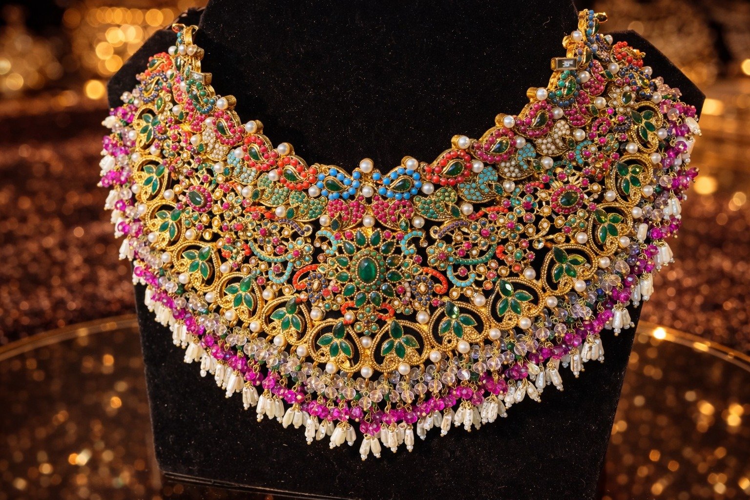 Heavy Nauratan Bridal Collar Necklace Set - Image 3