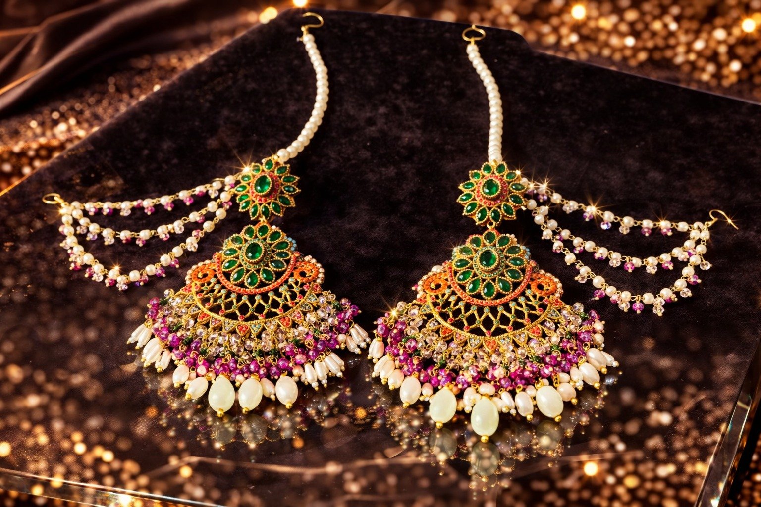 Heavy Nauratan Bridal Collar Necklace Set - Image 4