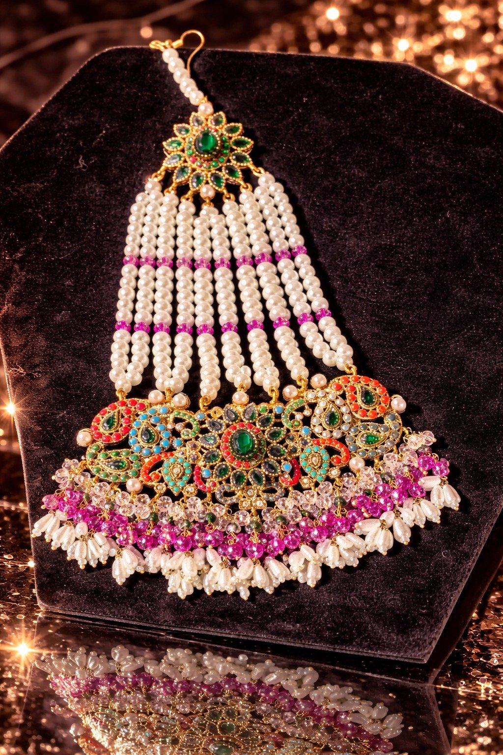 Heavy Nauratan Bridal Collar Necklace Set - Image 5