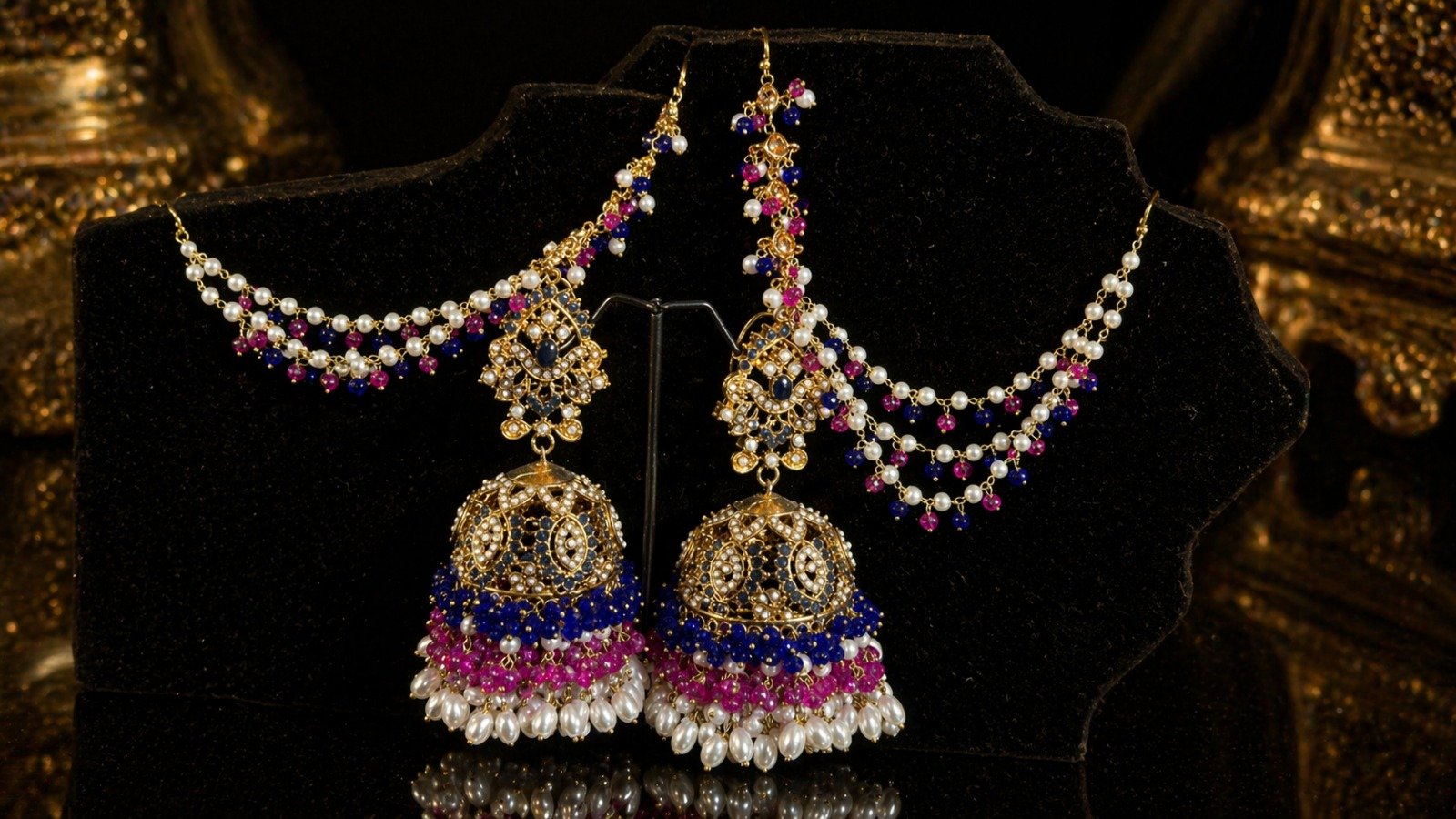 Nauratan Gold Plated Set with Matha Patti - Image 2