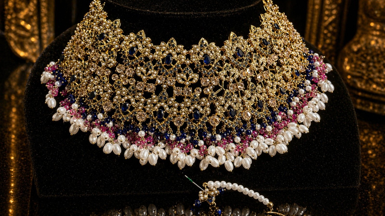 Nauratan Gold Plated Set with Matha Patti - Image 3