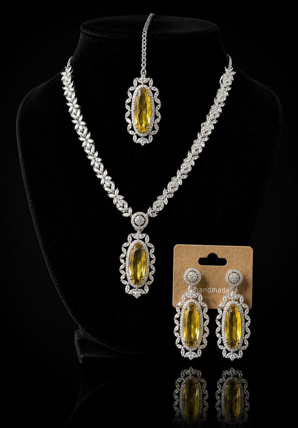 Luxury American Diamond Long Pendant Party Wear Necklace Set