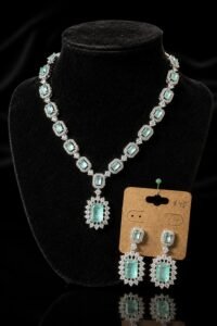 Luxury American Diamond Mint Green Party Wear Necklace Set
