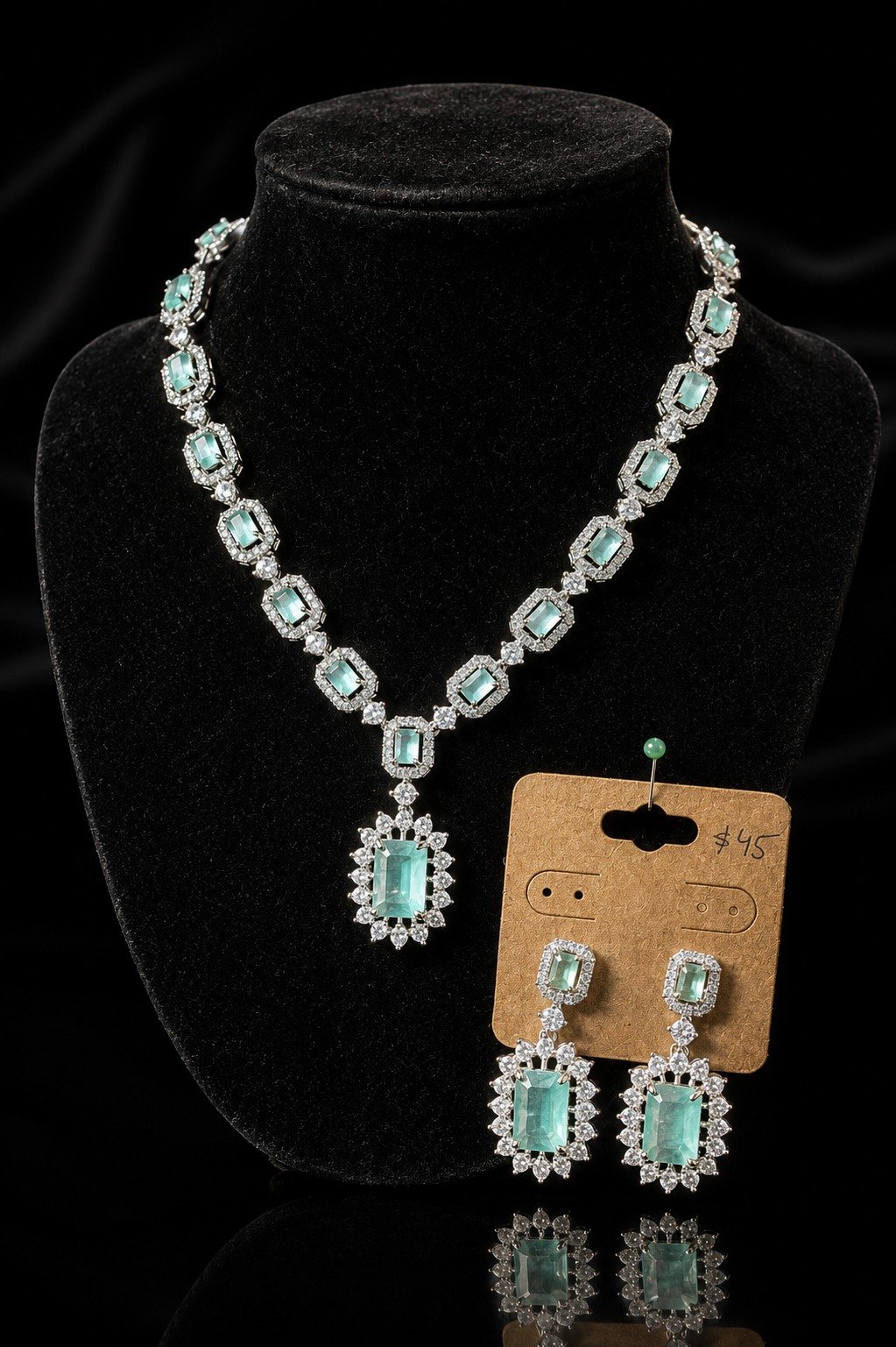 Luxury American Diamond Mint Green Party Wear Necklace Set