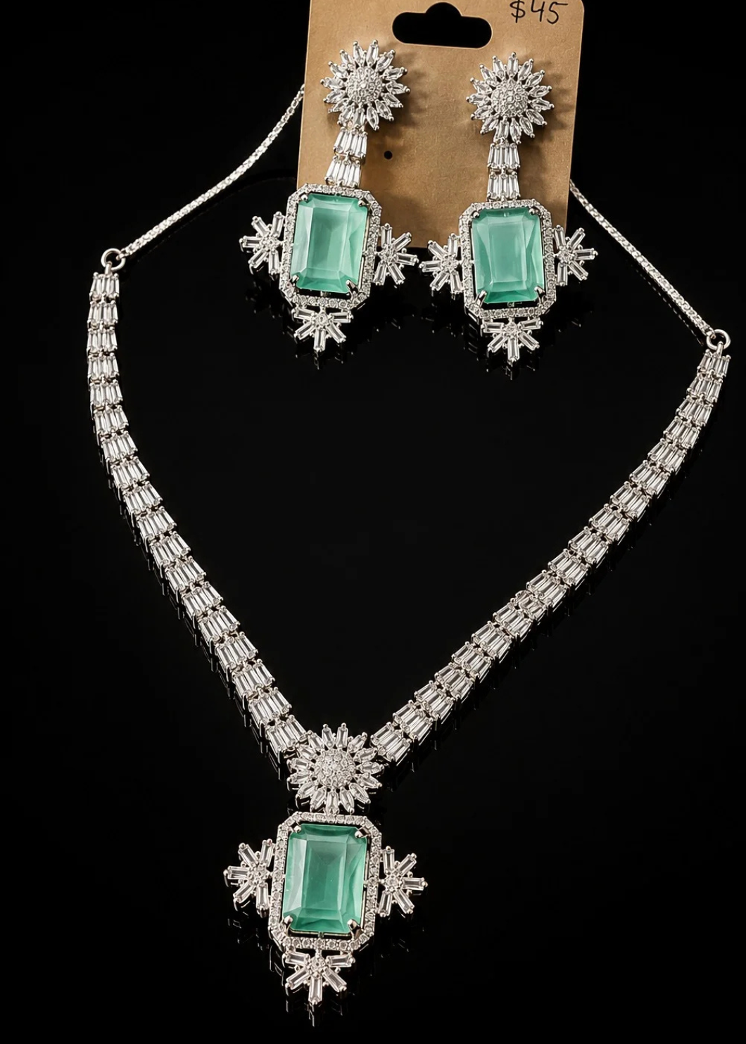 Luxury American Diamond Mint Green Party Wear Necklace Set